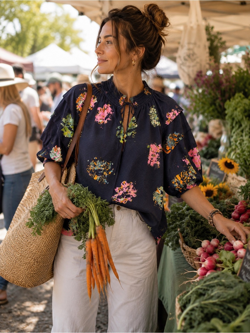 NIC+ZOE Navy Floral Tie-Neck Puff Sleeve Blouse